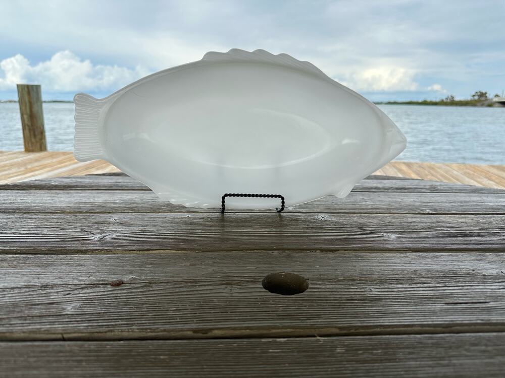 Vintage Milk Glass Fish by Glasbake McKee, Fish Shape Baker, Seafood Dish 18"